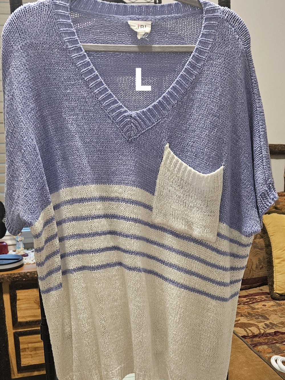 V-Neck Stripe Tunic with Pocket - Blue & Cream
